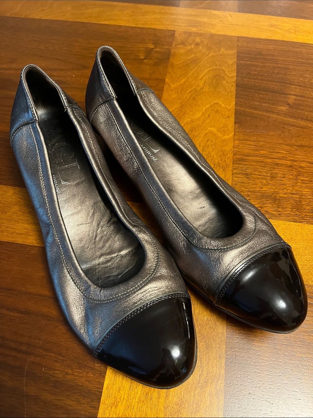 Agl Metallic golden Leather Ballet Flats with Black Patent Cap Toe, size 12 USA
